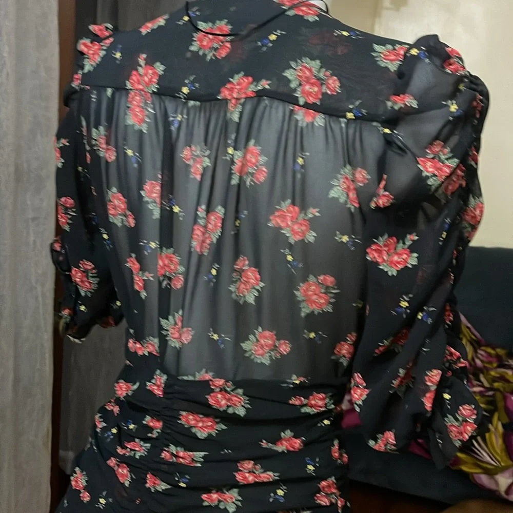 Zara Floral Ruched Mini Dress Mesh Ruffle Plunge V-Neck Puff Sleeve Size Small - Picture 8 of 8